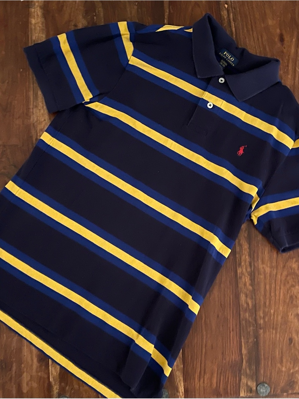 Polo Ralph Lauren Big Kid XL navy with royal blue and yellow striped polo shirt
